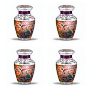 Four identical 3-inch keepsakes, Tasty ruby-throated hummingbird and coral trumpet-vine design with fictional Naomi Bellrose portrait, name and full memorial dates on white background.