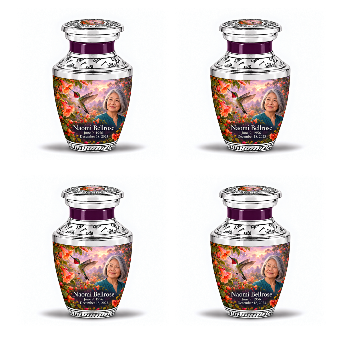 Four identical 3-inch keepsakes, Tasty ruby-throated hummingbird and coral trumpet-vine design with fictional Naomi Bellrose portrait, name and full memorial dates on white background.