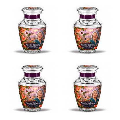 Four identical 3-inch keepsakes, Tasty ruby-throated hummingbird and coral trumpet-vine design with fictional Naomi Bellrose portrait, name and full memorial dates on white background.