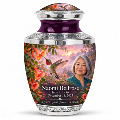 One 10-inch large urn, Tasty ruby-throated hummingbird and coral trumpet-vine design with fictional Naomi Bellrose portrait, name and full memorial dates on white background.