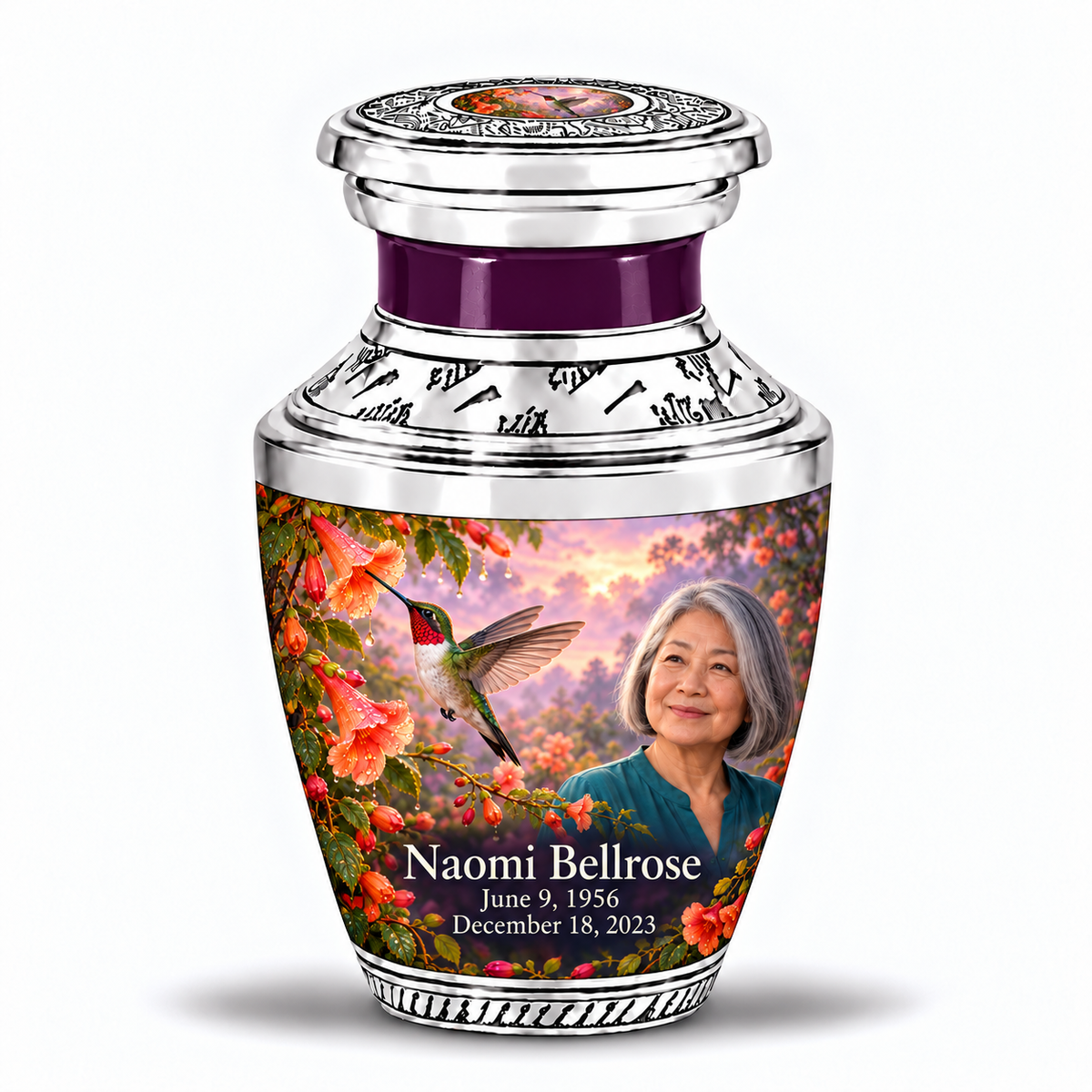 One 3-inch keepsake, Tasty ruby-throated hummingbird and coral trumpet-vine design with fictional Naomi Bellrose portrait, name and full memorial dates on white background.
