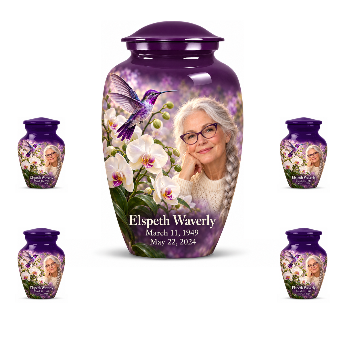 One 10-inch large urn and four matching 3-inch keepsakes in the Classic urn with violet hummingbird above white orchids, fictional Elspeth Waverly portrait with silver braid and violet glasses, name and full memorial dates on white.