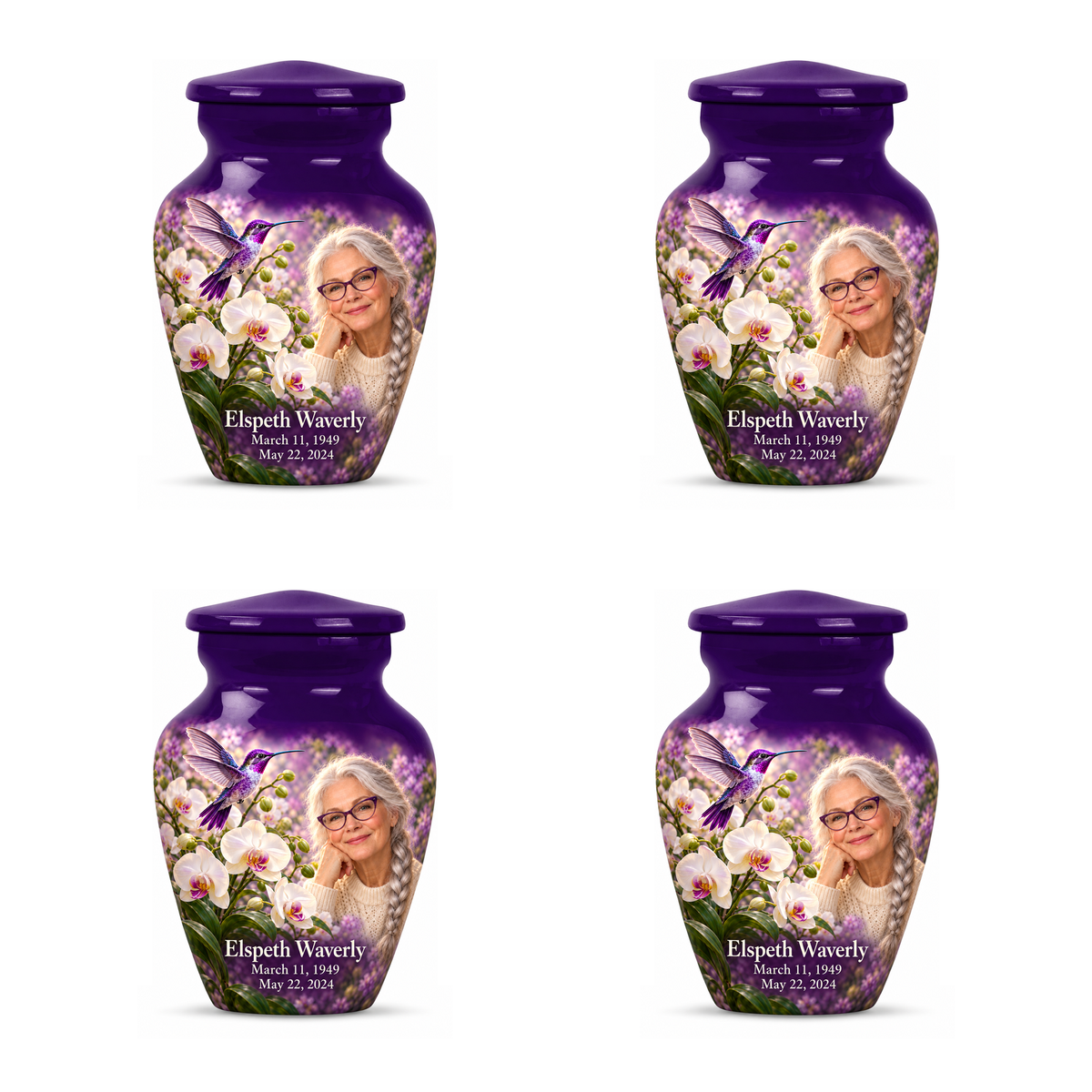 Four identical 3-inch keepsakes in the Classic urn with violet hummingbird above white orchids, fictional Elspeth Waverly portrait with silver braid and violet glasses, name and full memorial dates on white.