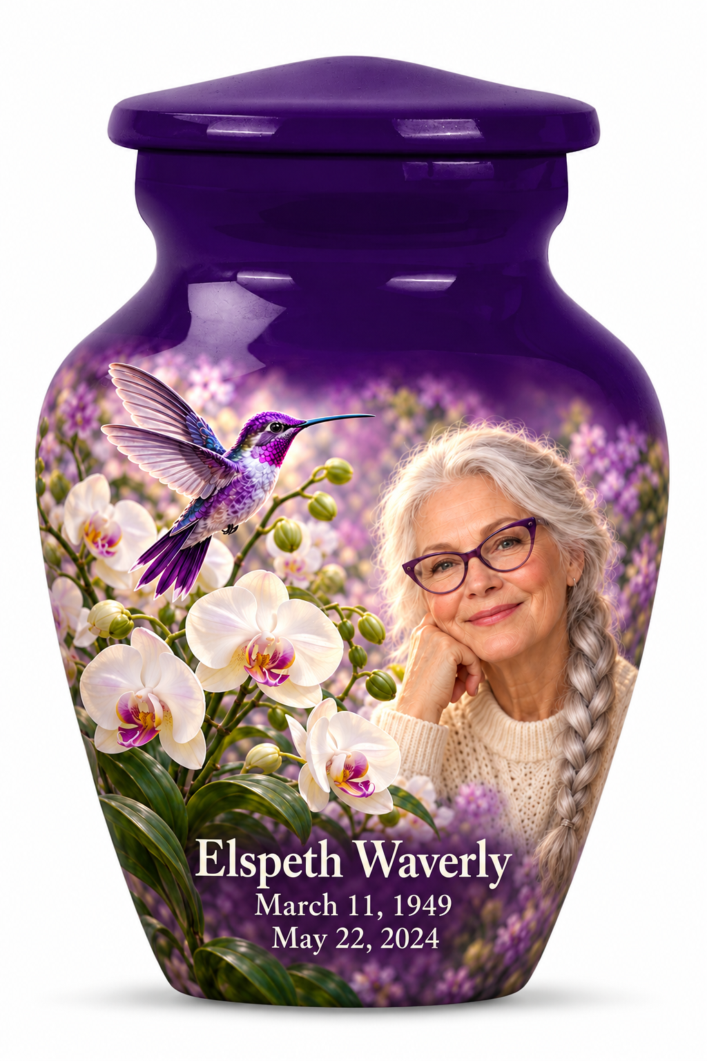 One 3-inch keepsake Classic urn with violet hummingbird above white orchids, fictional Elspeth Waverly portrait with silver braid and violet glasses, name and full memorial dates on white.