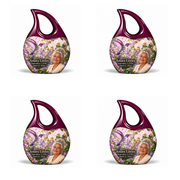 Hummingbird 02 Cross Drop, four identical keepsakes: violet hummingbird and white orchids, solid plum open loops without crosses; Amara Loxley portrait, name and full dates on a white backdrop.