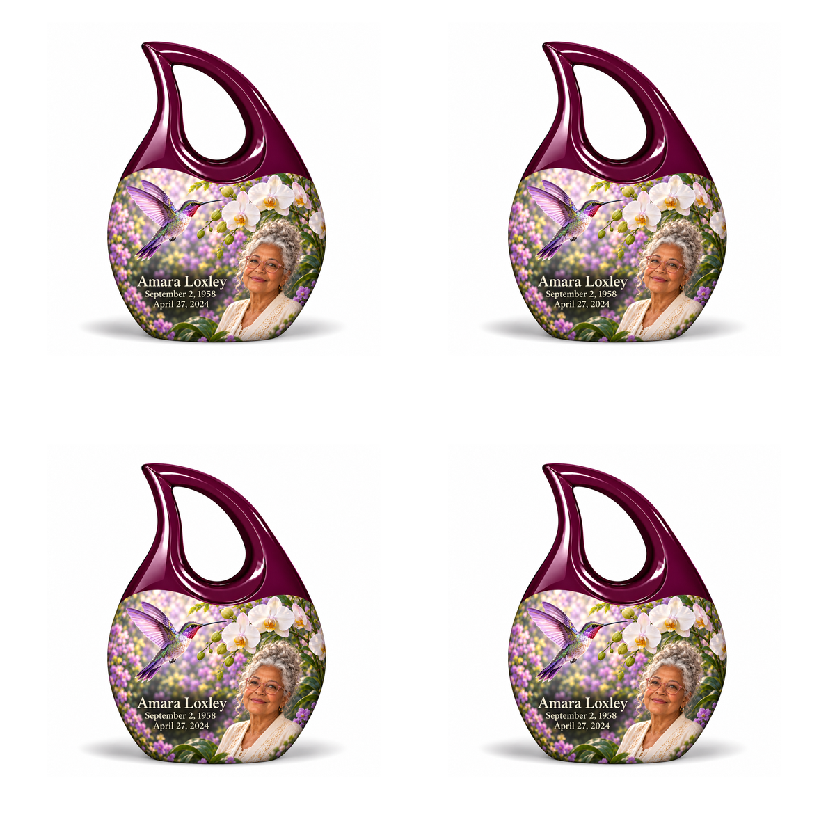 Hummingbird 02 Cross Drop, four identical keepsakes: violet hummingbird and white orchids, solid plum open loops without crosses; Amara Loxley portrait, name and full dates on a white backdrop.