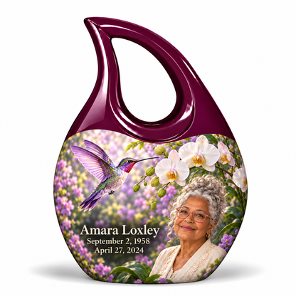Hummingbird 02 Cross Drop, single keepsake: violet hummingbird and white orchids, solid plum open loop without cross; Amara Loxley portrait, name and full dates on a white backdrop.