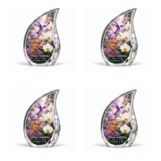 Hummingbird 02 Curved Drop, four identical keepsakes: violet hummingbird above white orchids and lilac garden inside a complete engraved silver frame; Milan Ashbury portrait, name and full dates.