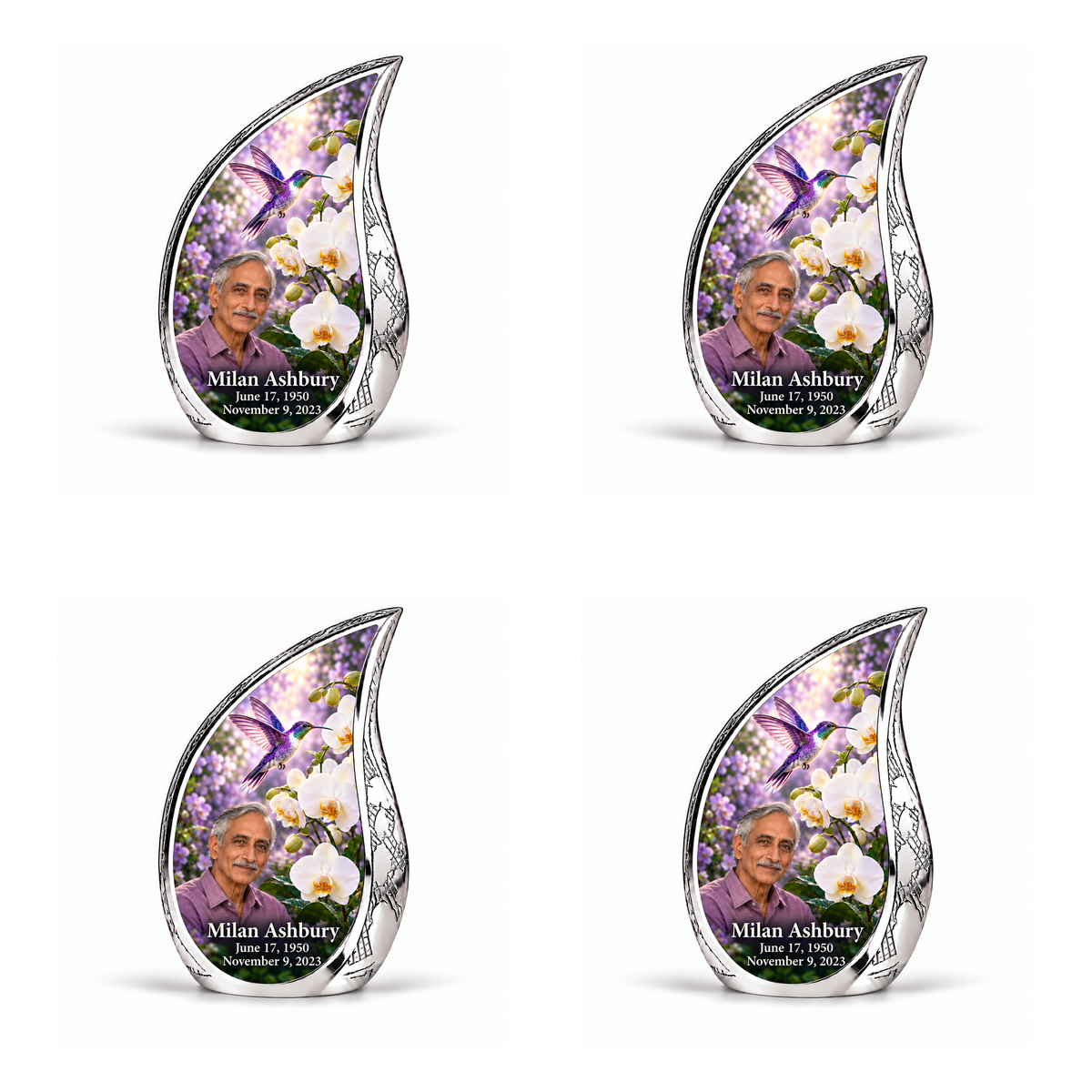 Hummingbird 02 Curved Drop, four identical keepsakes: violet hummingbird above white orchids and lilac garden inside a complete engraved silver frame; Milan Ashbury portrait, name and full dates.