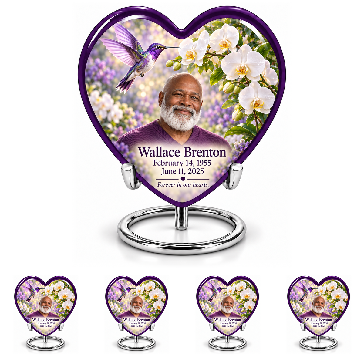 Hummingbird 02 Heart, one large urn with four identical keepsakes: purple-bordered heart with violet hummingbird, white orchids and Wallace Brenton portrait, name and full dates, on five complete silver ring stands.
