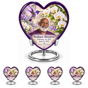 Hummingbird 02 Heart, one large urn with four identical keepsakes: purple-bordered heart with violet hummingbird, white orchids and Wallace Brenton portrait, name and full dates, on five complete silver ring stands.