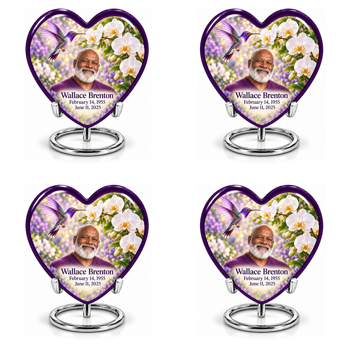 Hummingbird 02 Heart, four identical keepsakes: purple-bordered heart with violet hummingbird, white orchids and Wallace Brenton portrait, name and full dates, on four complete silver ring stands.