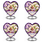 Hummingbird 02 Heart, four identical keepsakes: purple-bordered heart with violet hummingbird, white orchids and Wallace Brenton portrait, name and full dates, on four complete silver ring stands.