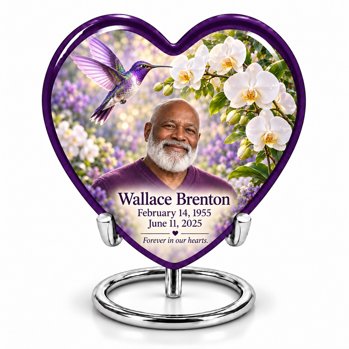 Hummingbird 02 Heart, large urn: purple-bordered heart with violet hummingbird, white orchids and Wallace Brenton portrait, name and full dates, on a complete silver ring stand.