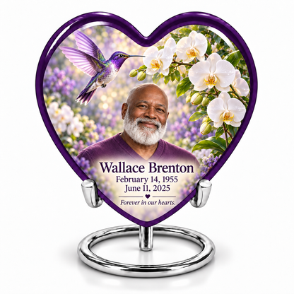 Hummingbird 02 Heart, large urn: purple-bordered heart with violet hummingbird, white orchids and Wallace Brenton portrait, name and full dates, on a complete silver ring stand.