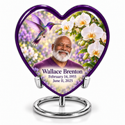 Hummingbird 02 Heart, single keepsake: purple-bordered heart with violet hummingbird, white orchids and Wallace Brenton portrait, name and full dates, on a complete silver ring stand.