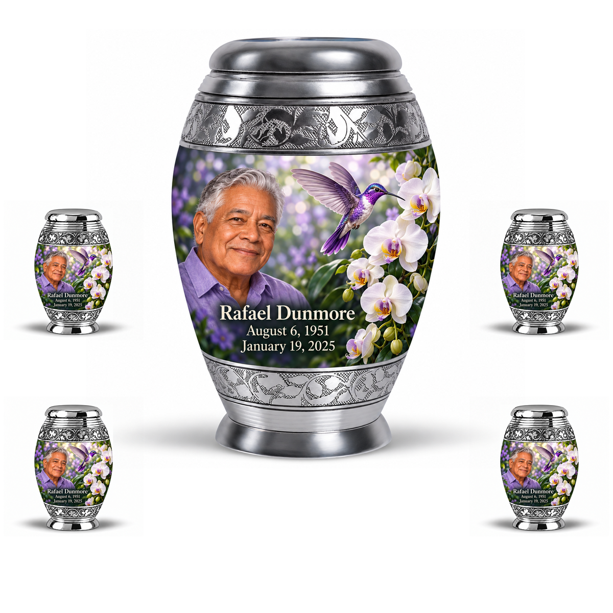 One horse-band 10-inch Monar large urn with four matching scroll-band 3-inch keepsakes, violet hummingbird, white orchids and fictional Rafael Dunmore portrait and dates.