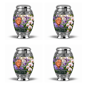 Four identical 3-inch Monar keepsakes with silver scroll bands, violet hummingbird, white orchids and fictional Rafael Dunmore portrait, name and full memorial dates.