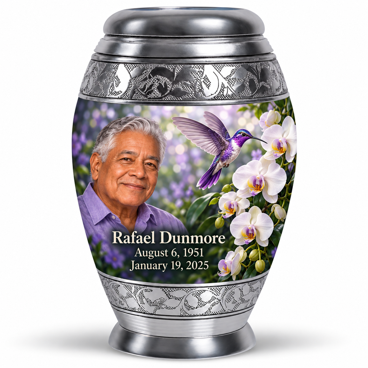 One 10-inch Monar large urn with horse-engraved silver bands, violet hummingbird and white orchids, fictional Rafael Dunmore portrait, name and full dates.