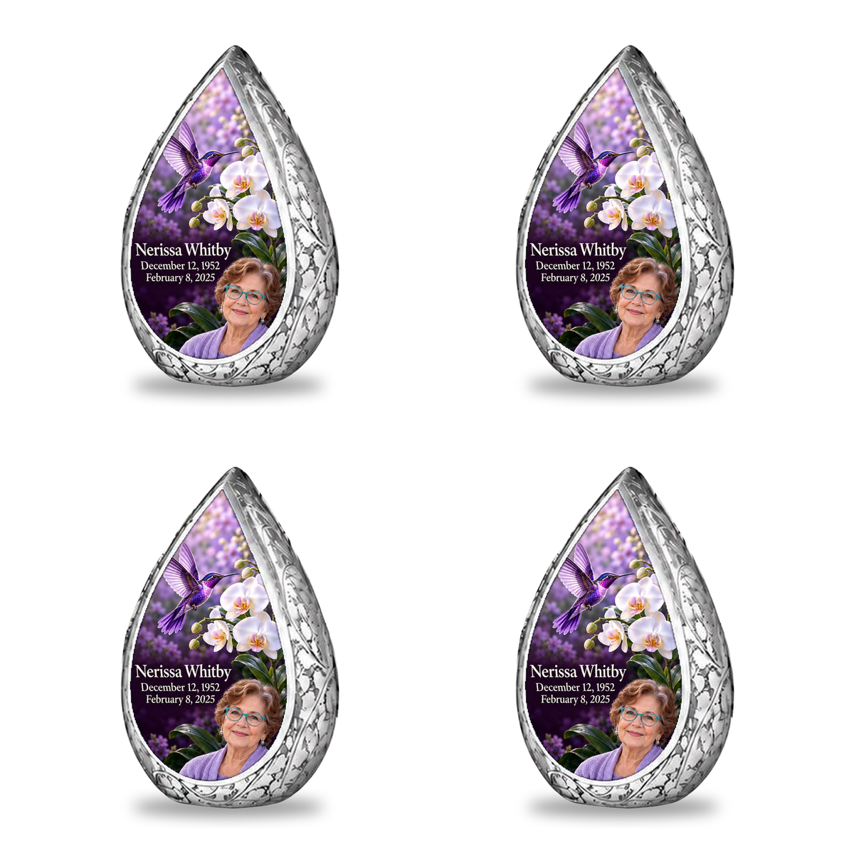 Four matching silver Straight Drop keepsakes arranged in two rows, each with violet hummingbird, white orchids and Nerissa Whitby portrait, name and full dates.