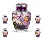 One domed-lid 10-inch Tasty urn with four near-flat-lid 3-inch keepsakes, silver engraving, violet hummingbirds, white orchids and fictional Keiko Bramwell portrait and dates.