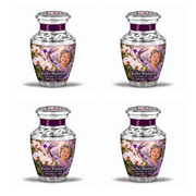 Four identical 3-inch Tasty keepsakes with near-flat silver lids, purple necks, violet hummingbird and white orchid artwork, and fictional Keiko Bramwell portrait and full dates.