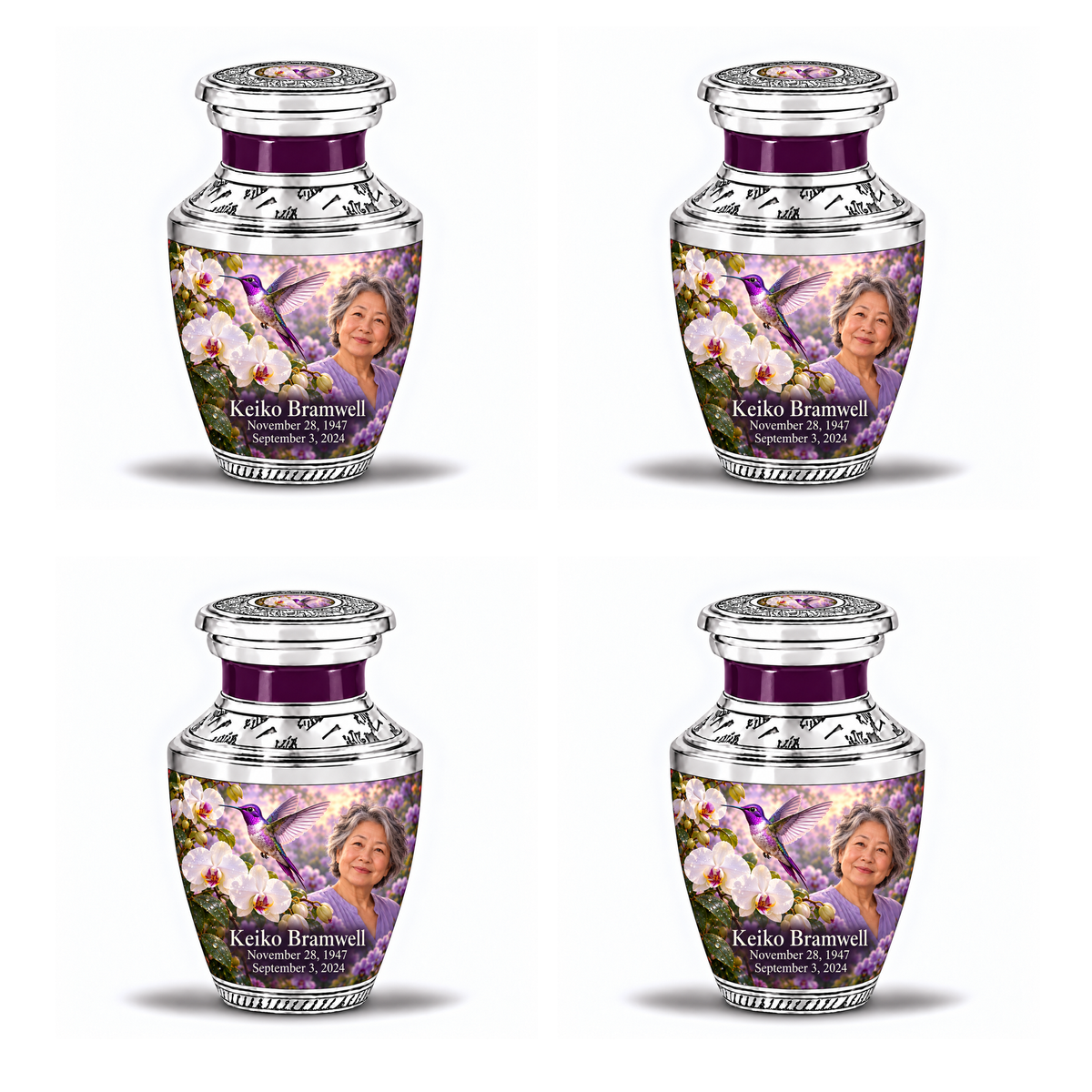 Four identical 3-inch Tasty keepsakes with near-flat silver lids, purple necks, violet hummingbird and white orchid artwork, and fictional Keiko Bramwell portrait and full dates.
