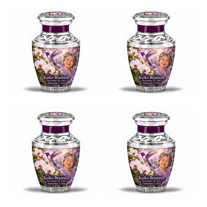 Four identical 3-inch Tasty keepsakes with near-flat silver lids, purple necks, violet hummingbird and white orchid artwork, and fictional Keiko Bramwell portrait and full dates.