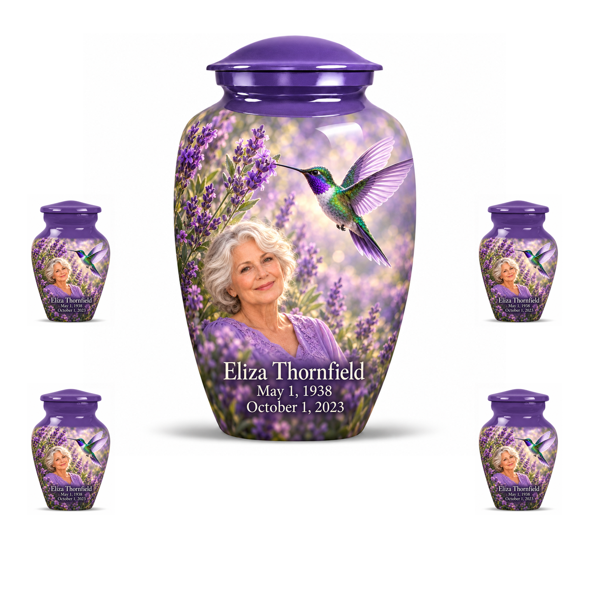 One large Classic urn and four matching keepsakes with lavender caps, green and violet hummingbirds at lavender flowers and fictional Eliza Thornfield portrait, May 1, 1938 to October 1, 2023.