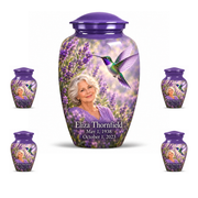 One large Classic urn and four matching keepsakes with lavender caps, green and violet hummingbirds at lavender flowers and fictional Eliza Thornfield portrait, May 1, 1938 to October 1, 2023.