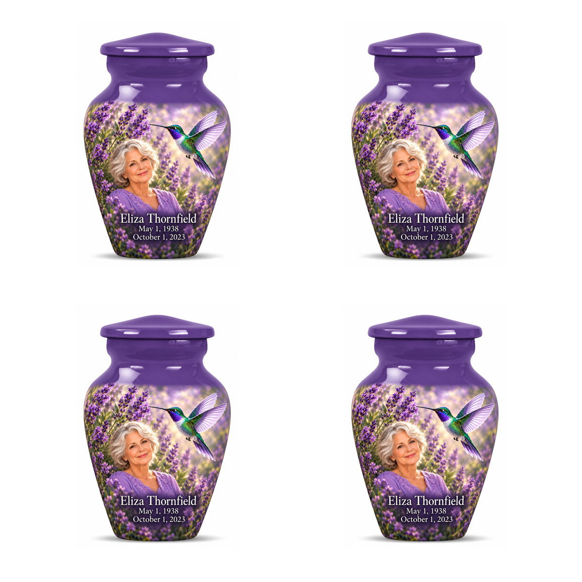 Four identical Classic keepsakes with lavender caps, green and violet hummingbirds at lavender flowers and fictional Eliza Thornfield portrait, May 1, 1938 to October 1, 2023.