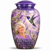 One 10-inch Classic urn with lavender caps, green and violet hummingbirds at lavender flowers and fictional Eliza Thornfield portrait, May 1, 1938 to October 1, 2023.