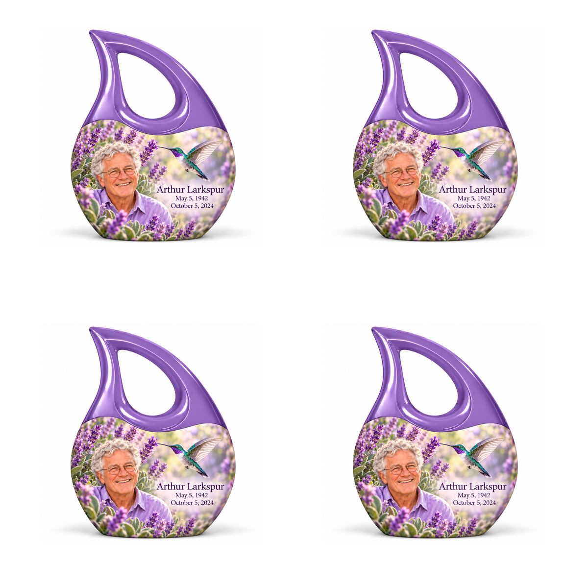 Four identical lavender Cross Drop keepsakes with open white loops, hummingbird garden art and Arthur Larkspur portraits and personalization.
