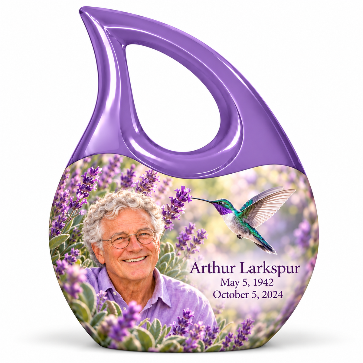 Lavender Cross Drop keepsake with open white loop without cross, hummingbird and lavender artwork, and Arthur Larkspur portrait and full dates.