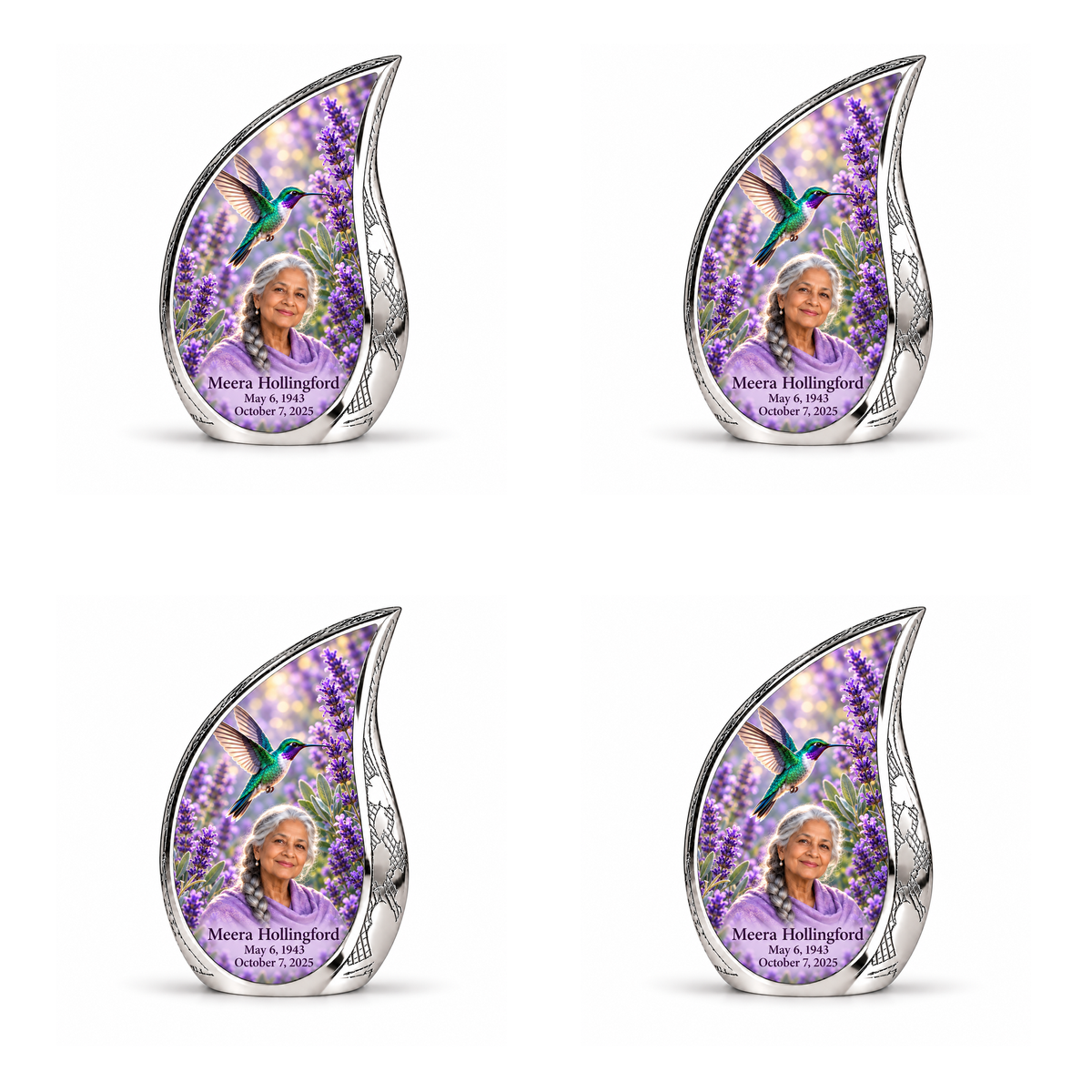 Four identical silver Curved Drop keepsakes with engraved rims, lavender hummingbird artwork and Meera Hollingford portraits and personalization.