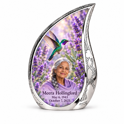 Silver Curved Drop urn with engraved rim and sidewall, emerald-violet hummingbird among lavender and Meera Hollingford portrait, name and full dates.