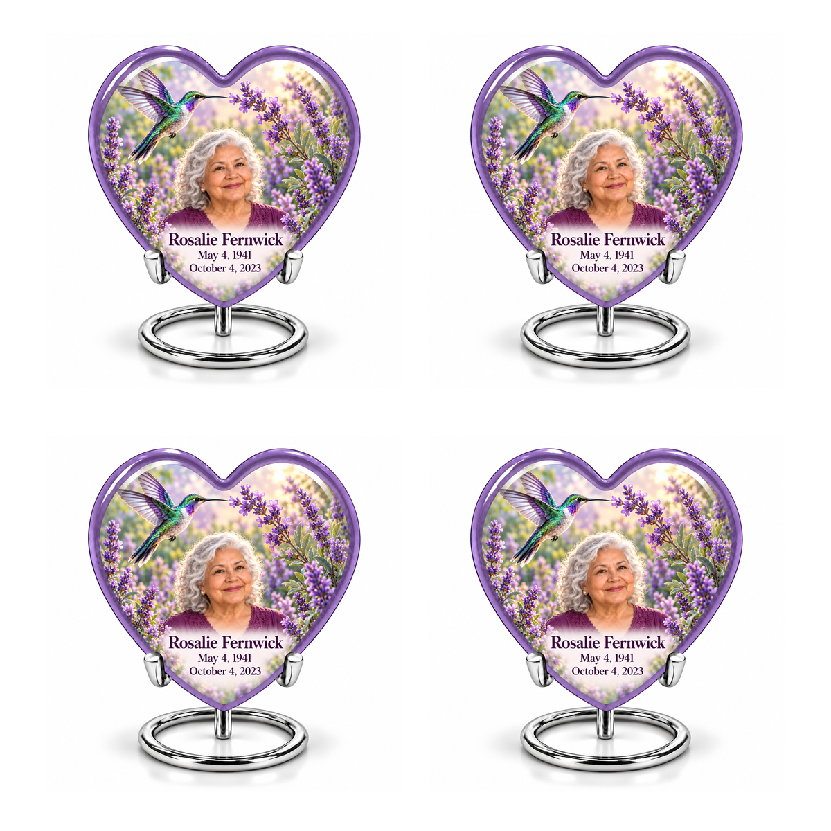 Four identical lavender Heart keepsakes with silver ring stands, emerald-violet hummingbird artwork and Rosalie Fernwick portrait and personalization.