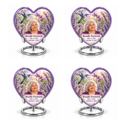 Four identical lavender Heart keepsakes with silver ring stands, emerald-violet hummingbird artwork and Rosalie Fernwick portrait and personalization.