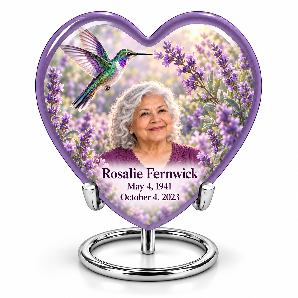 Lavender Heart urn on silver ring stand, with emerald-violet hummingbird, lavender flowers and Rosalie Fernwick portrait, name and full dates.