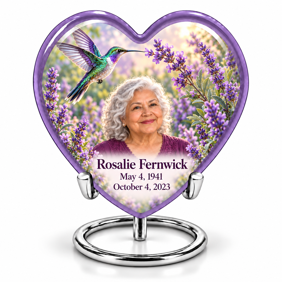 Single lavender Heart keepsake with complete silver ring stand, hummingbird among lavender and Rosalie Fernwick portrait and full dates.