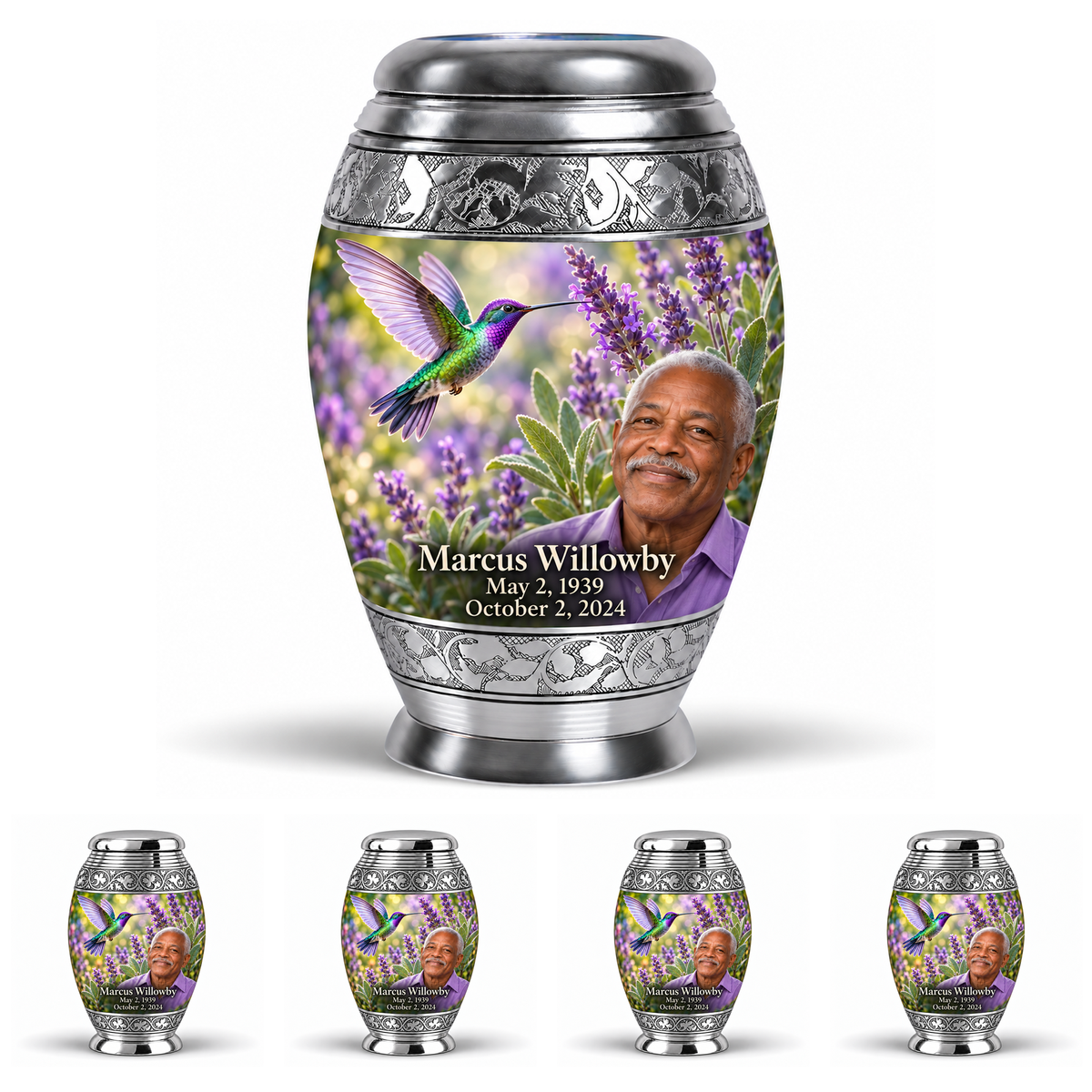 One large Monar urn and four matching keepsakes with silver engraved bands, green-violet hummingbirds at purple lavender and fictional Marcus Willowby portraits, May 2, 1939 to October 2, 2024.
