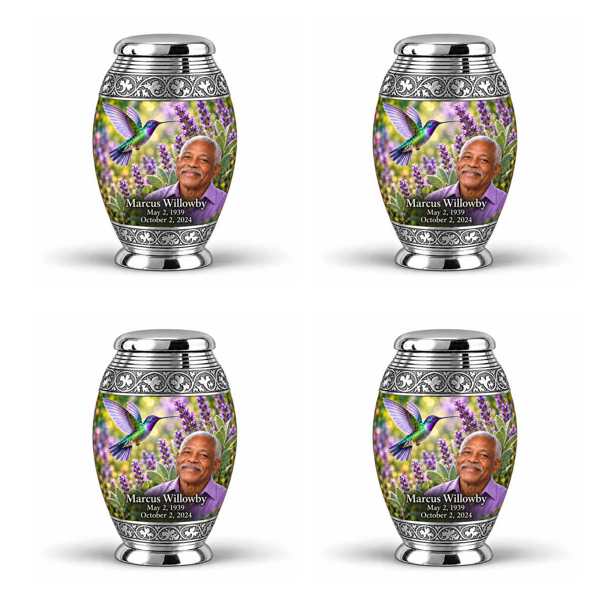 Four identical Monar keepsakes with silver engraved bands, green-violet hummingbirds at purple lavender and fictional Marcus Willowby portraits, May 2, 1939 to October 2, 2024.