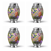 Four identical Monar keepsakes with silver engraved bands, green-violet hummingbirds at purple lavender and fictional Marcus Willowby portraits, May 2, 1939 to October 2, 2024.
