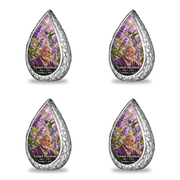 Four matching keepsakes Straight Drop memorial urn, emerald and violet hummingbird at lavender flowers, Lionel Hazelton portrait and full memorial dates, white background.