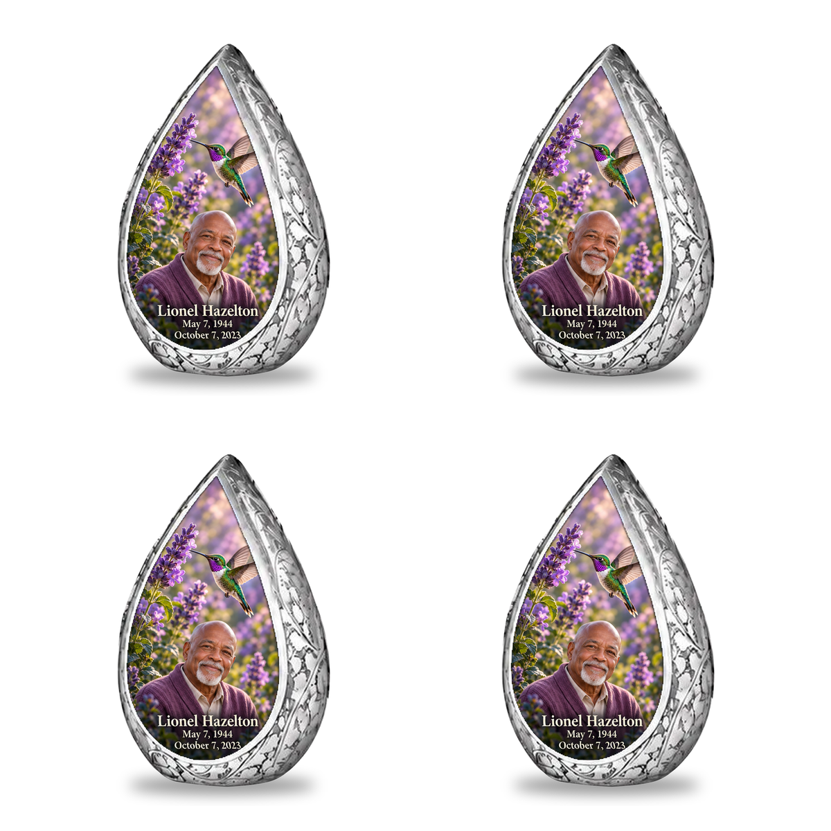 Four matching keepsakes Straight Drop memorial urn, emerald and violet hummingbird at lavender flowers, Lionel Hazelton portrait and full memorial dates, white background.
