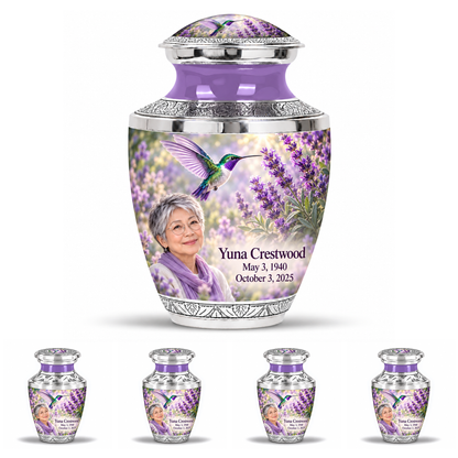One large Tasty urn and four matching keepsakes with silver engraved trim, solid lavender necks, green-violet hummingbirds at lavender and fictional Yuna Crestwood portraits, May 3, 1940 to October 3, 2025.