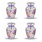 Four identical Tasty keepsakes with flat silver lids with silver engraved trim, solid lavender necks, green-violet hummingbirds at lavender and fictional Yuna Crestwood portraits, May 3, 1940 to October 3, 2025.
