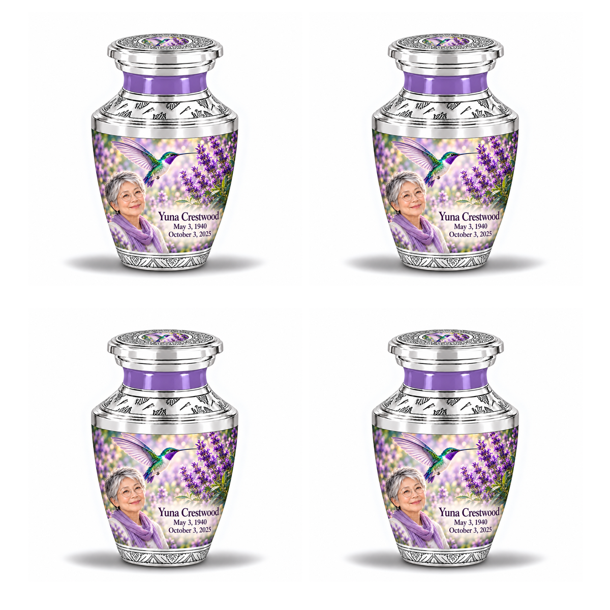Four identical Tasty keepsakes with flat silver lids with silver engraved trim, solid lavender necks, green-violet hummingbirds at lavender and fictional Yuna Crestwood portraits, May 3, 1940 to October 3, 2025.