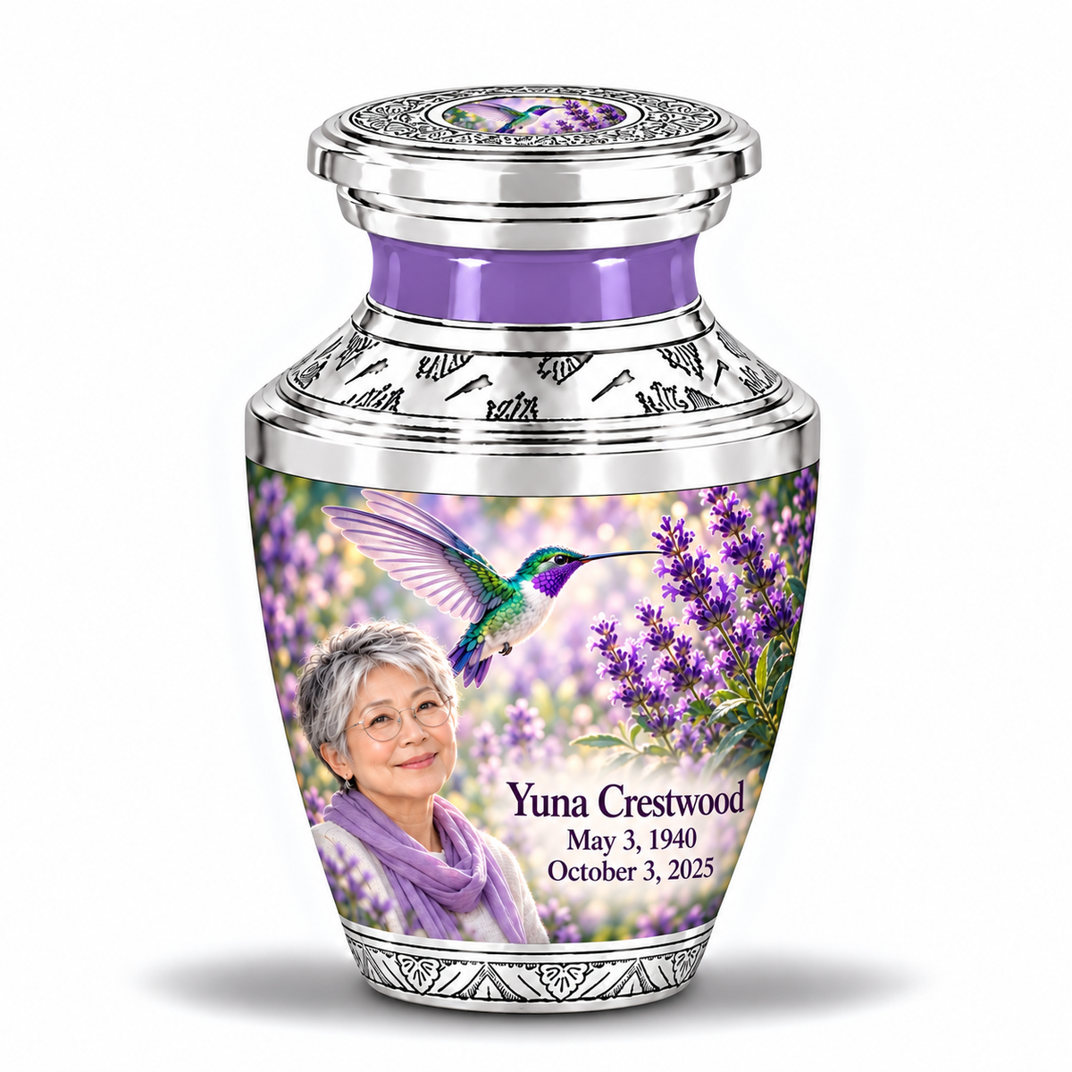 One 3-inch Tasty keepsake with near-flat silver lid and central art inset with silver engraved trim, solid lavender necks, green-violet hummingbirds at lavender and fictional Yuna Crestwood portraits, May 3, 1940 to October 3, 2025.