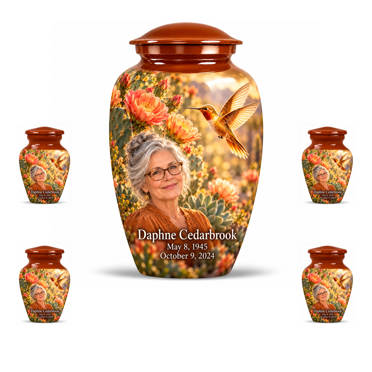 One large Classic urn and four matching keepsakes with golden hummingbirds, coral cactus flowers and Daphne Cedarbrook memorial portraits.